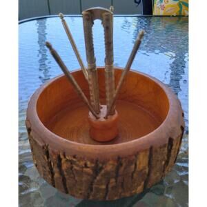 VTG MCM Nut Bowl and Cracker Set with Picks Wood Live Edge Tree Bark Rustic Set